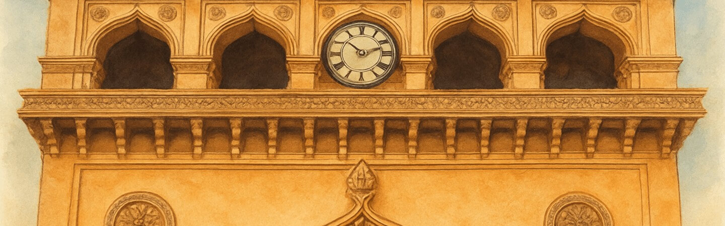 The clocks on the top section of the Charminar are four, 135-year-old British timepieces installed in 1889 on each cardinal direction of the first floor.